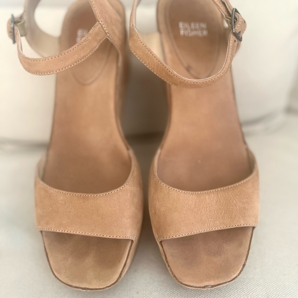 EILEEN FISHER tan suede platform wedges